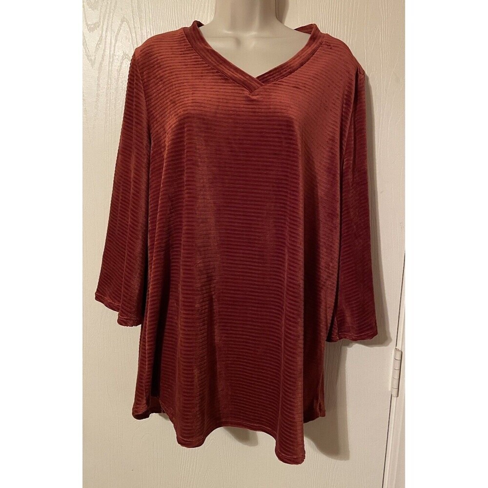 Bombom Burnt Orange Velour Soft 3/4 Bell Sleeve V-Neck Blouse Made In USA Sz L